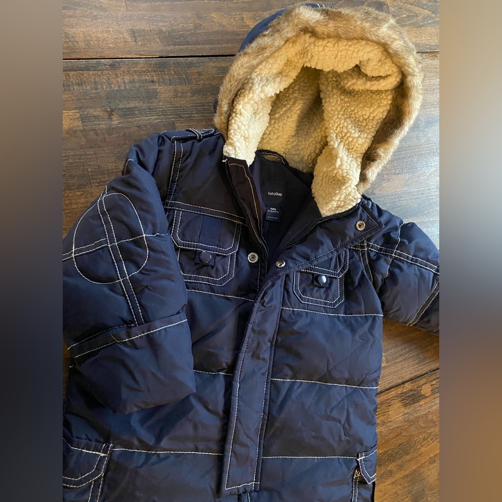 babyGAP Down Filled Long Sleeve Hooded Snowsuit Size 6-12 Months Navy Blue